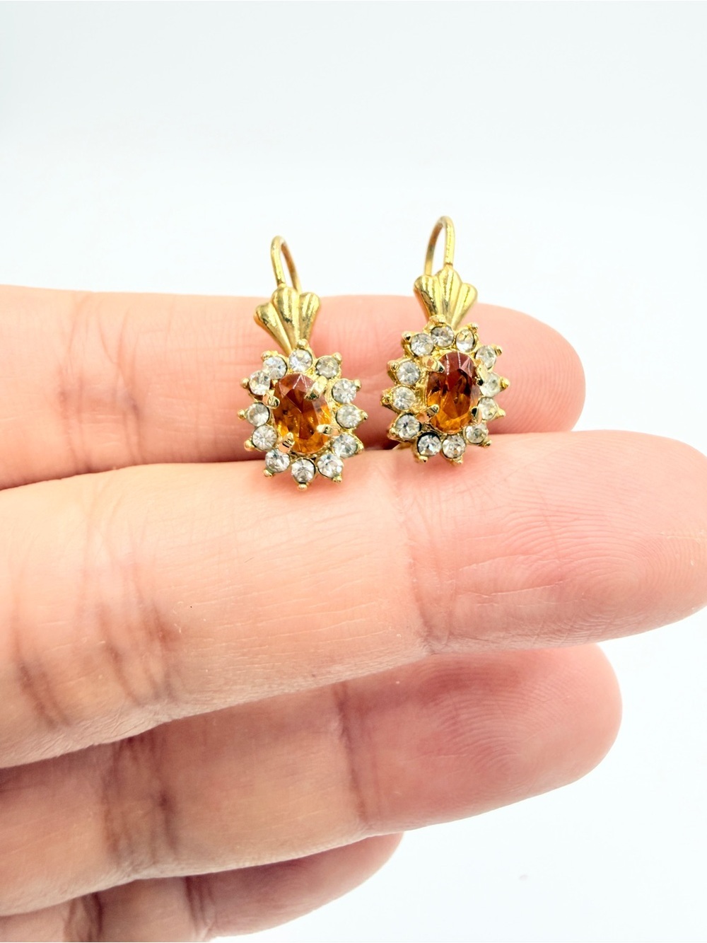 Vintage Gold-Tone Amber Crystal & Rhinestone Drop Earrings